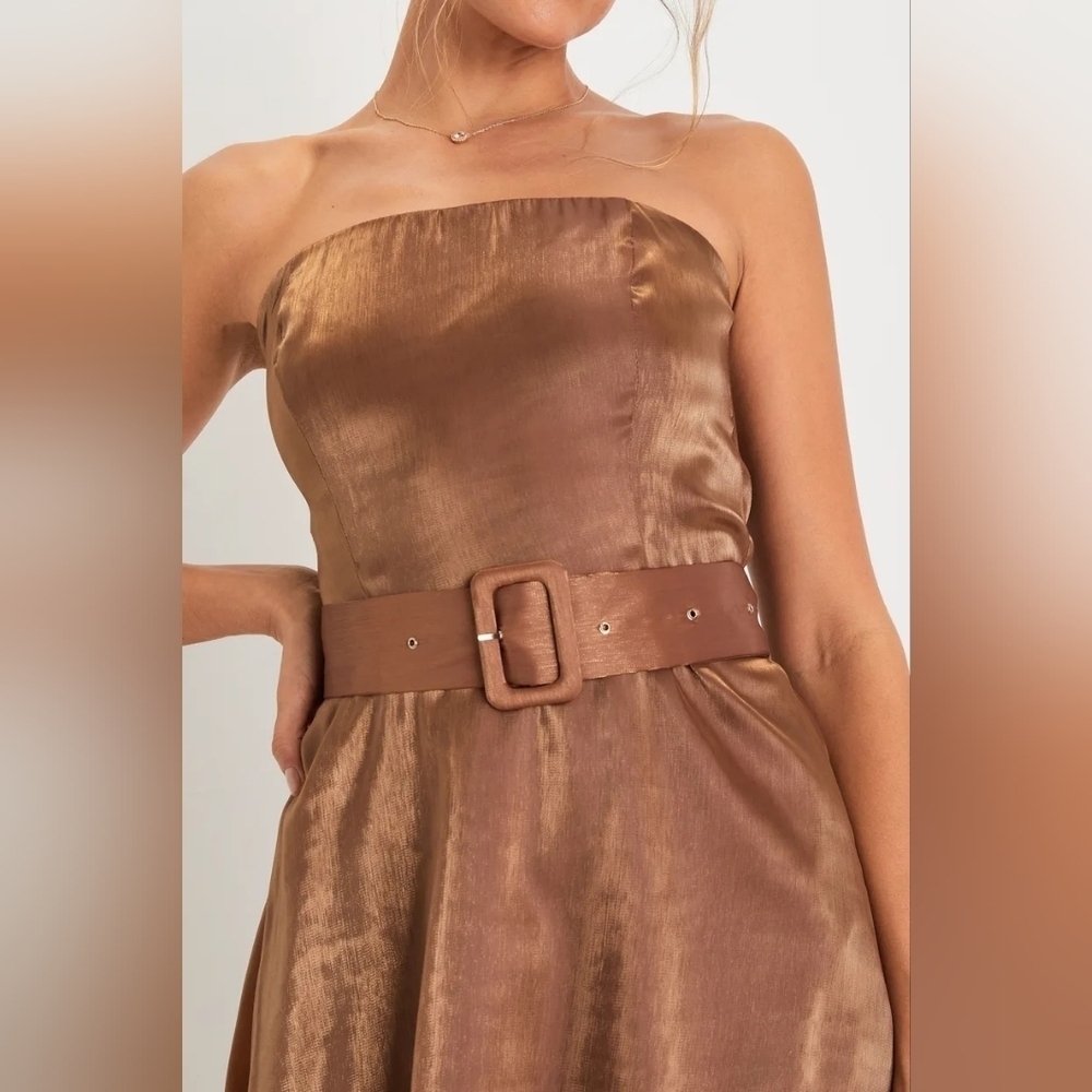 Lulus Chicly Stunning Shiny Brown Strapless Belted Midi Dress XL Wedding Party - Picture 4 of 9